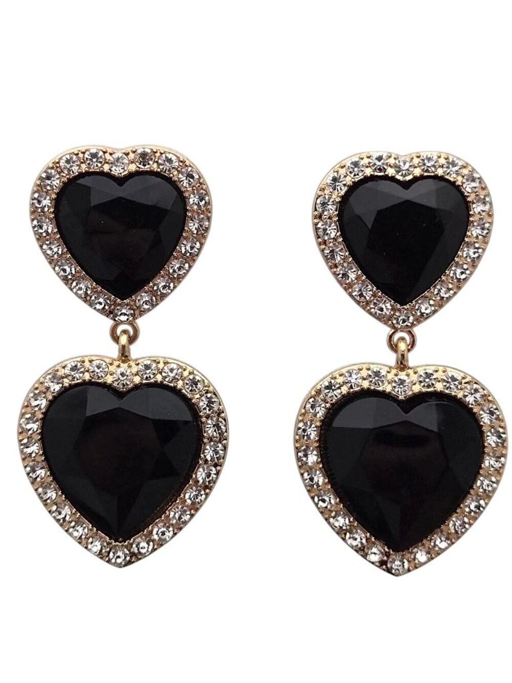 Statement Pierced Earrings Dangling Black Faceted Heart with Rhinestones